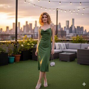 NWT J.ING Green Silky Cowl Slip Midi Dress Size Small